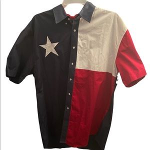 MENS RED WHITE AND BLUE PIECED TEXAS FLAG SHORT SLEEVE BUTTON UP SHIRT
